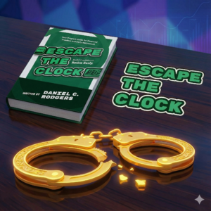 Image of broken golden handcuffs next to the Escape The Clock book and logo.