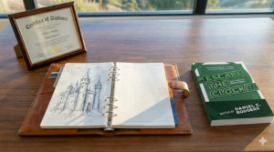 A desk showing a graduation diploma, the sketch of a designed future, and the escape the clock book.